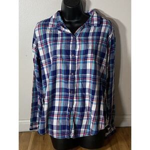 Birds of Paradis by Trovata Shirt Womens L Blue Plaid Roll Tab Sleeve Button Up